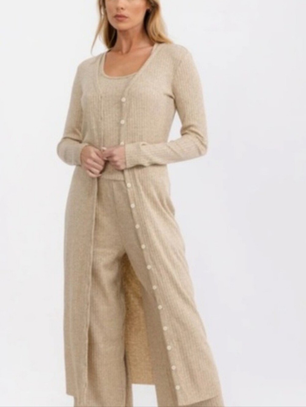 Sugarlips Ribbed Button-Front Cardigan and Pants in Beige With Tank Top
